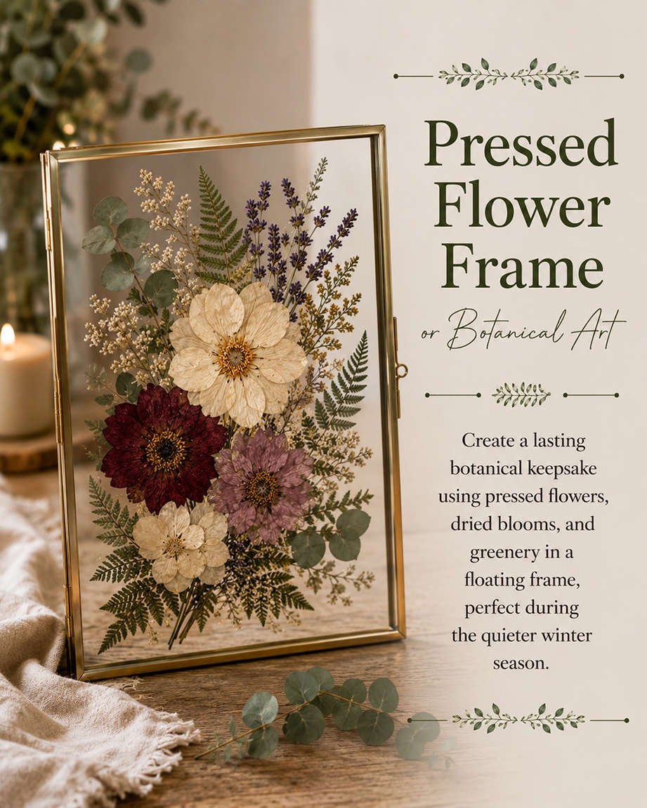 A beautiful grouping of flowers and greens pressed and preserved in glass and framed