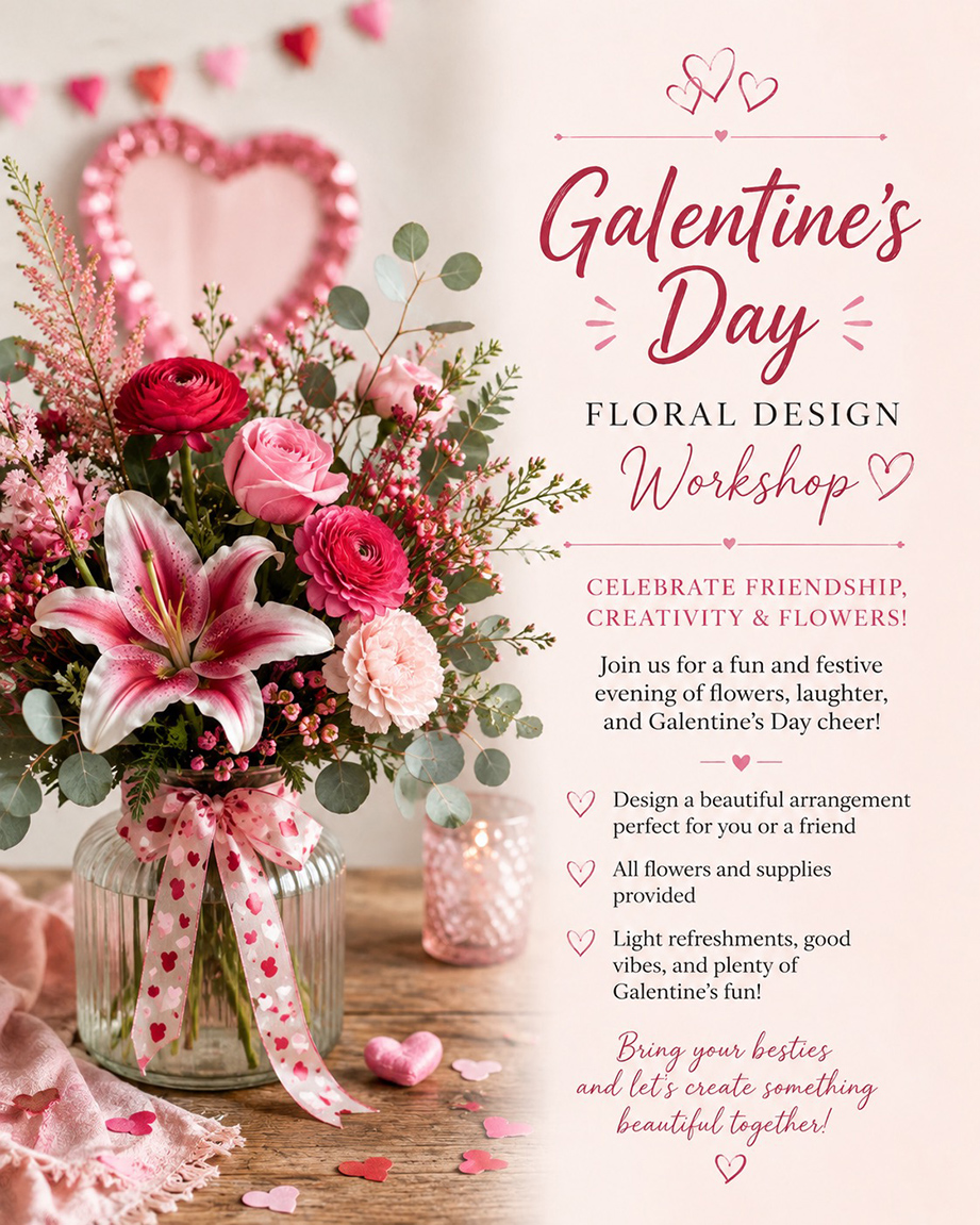 Pink and red hearts and flowers bursting out the top of a glass vase wrapped in ribbon