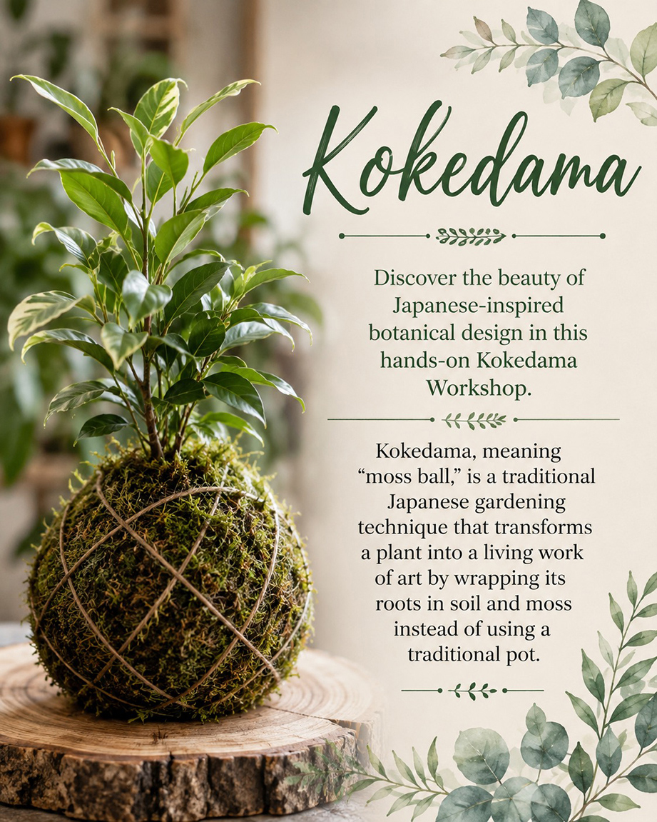 An example and description of Kokedama - the Japanese method of housing a plant in bound living moss instead of a bland pot