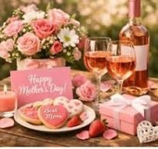 Flowers, cookies and wine set out for Mother's Day